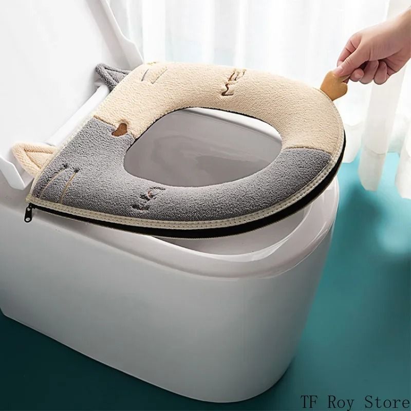 Universal Cartoon Cat Plush Toilet Mat – Thicken Thermal Cushion with Hygienic Lifting Handle