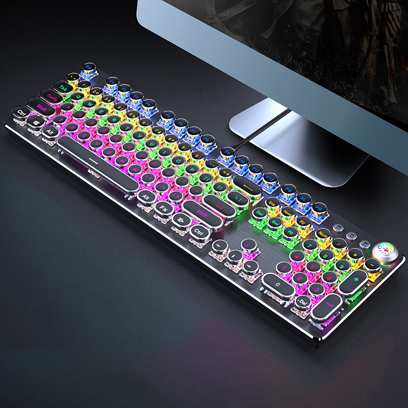 All-Metal Panel Retro Punk Typewriter Mechanical Gaming Keyboard, , USB Wired for Gaming and Office Productivity