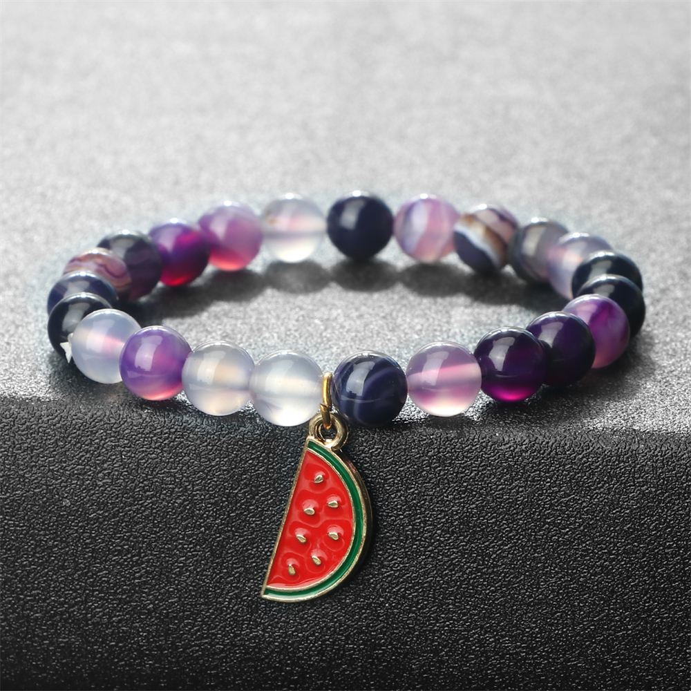 Natural Striped Agate Stone Bracelet Energy Healing Beads with Watermelon Pendant Charm for Women and Men
