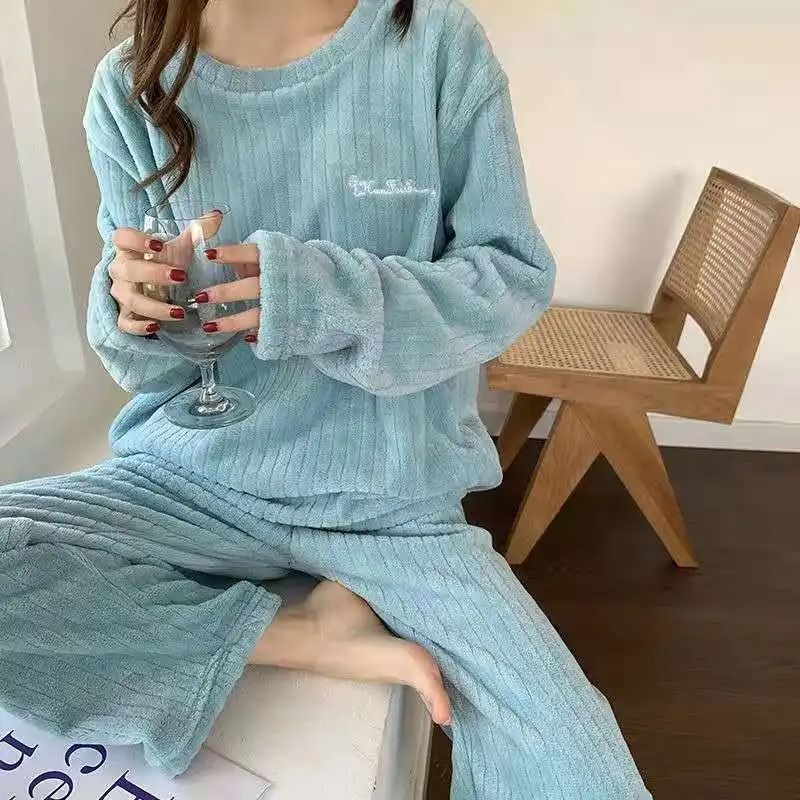 Womens Warm Velvet Ribbed Fleece Pajama Set Pullover and Pants