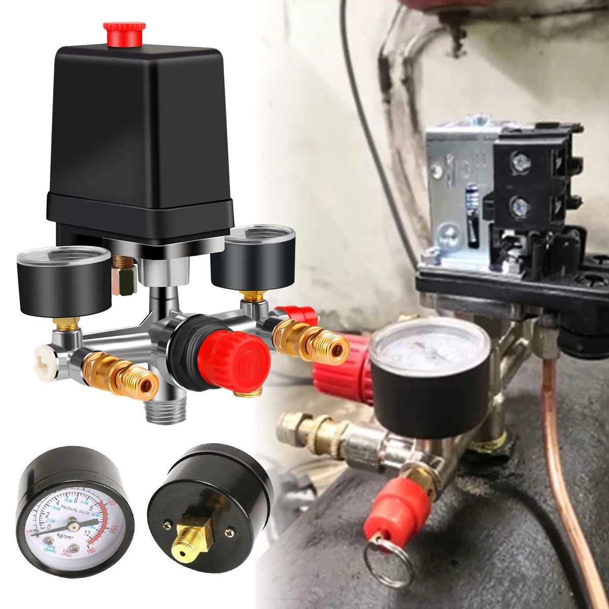Air Compressor Pressure Switch Control Valve with Gauge and Regulator