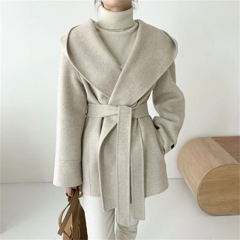 Elegant Hooded Lace-Up Woolen Jacket