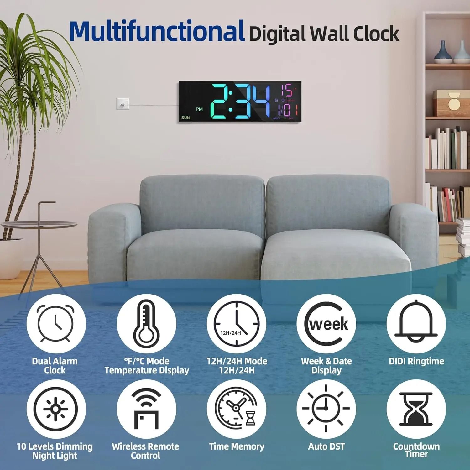 16.2 Inch Large RGB Digital Wall Clock with Remote Control