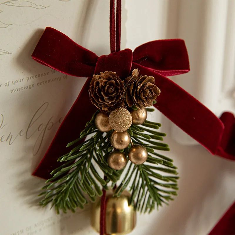 Christmas Hanging Decor Set – Velvet Bows, Jingle Bells & Pinecone Ornaments for Trees, Fireplaces & Holiday Scenes