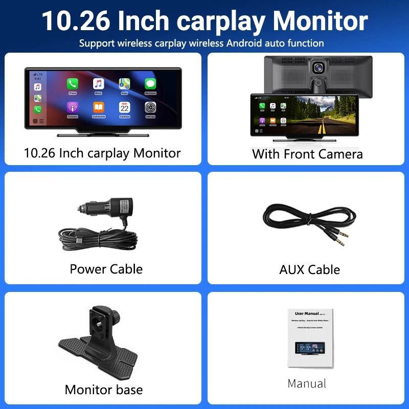11.26 Inch Touchscreen Car Multimedia Video Player with Dual Lens DVR and Wireless CarPlay