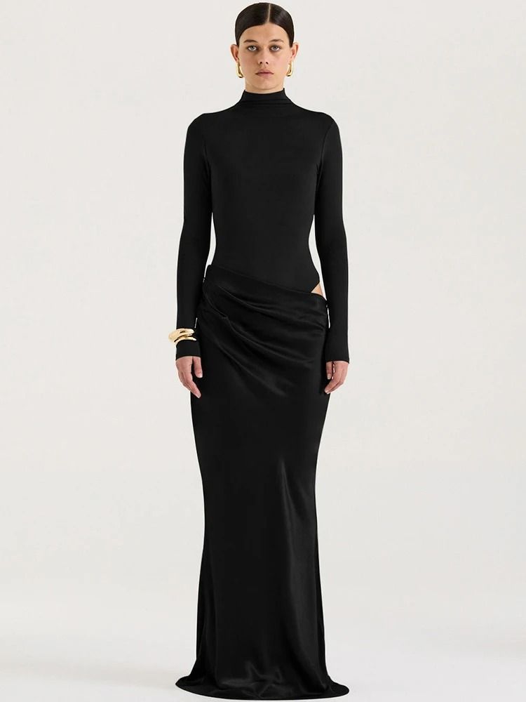 Elegant Turtleneck Satin Hollow Out Maxi Dress