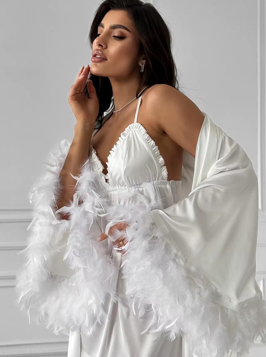 Elegant Wedding Bride Robe, Sexy Rayon Morning Gown, Feather Kimono Bathrobe Sleepwear for Brides