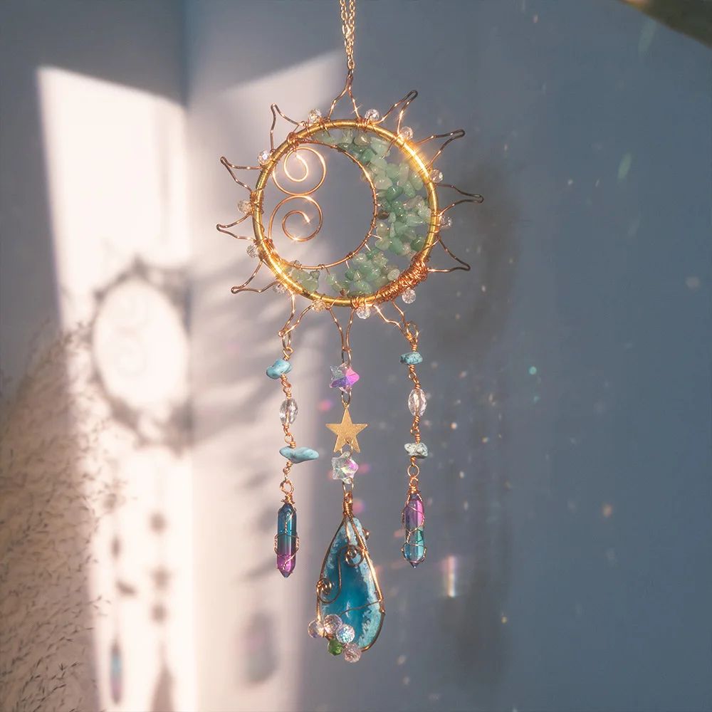 Crystal Sun Moon Suncatcher Prism Wind Chime Hanging Light Decor