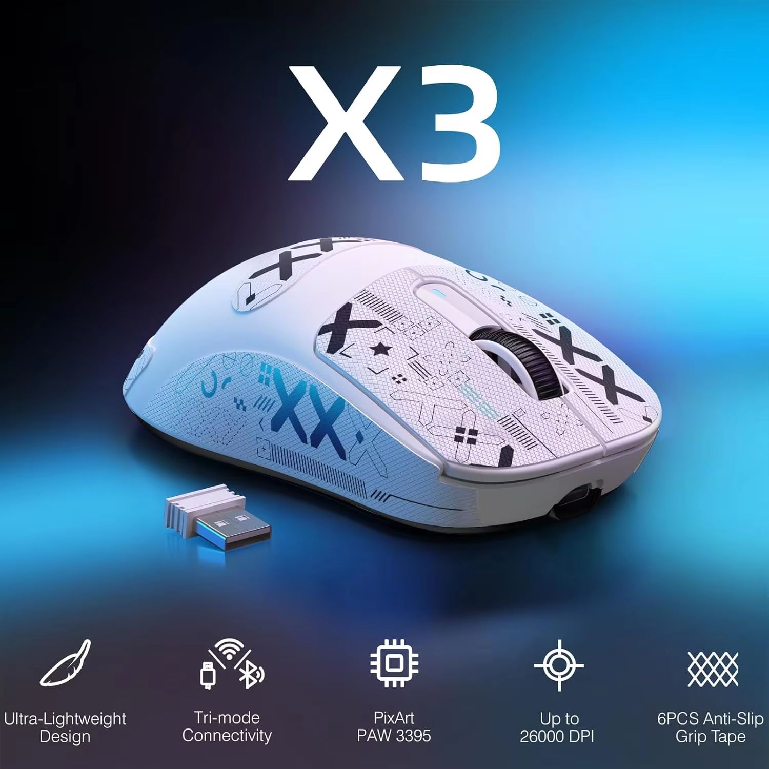 ATTACK SHARK X3 Tri-Mode Wireless Gaming Mouse, 26K DPI PAW3395, 1.73oz Lightweight, 200h Battery