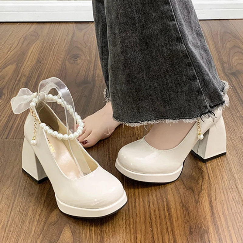 Elegant Bow Square Toe Women Mary Jane Shoes, Luxury Women High Heels Pearl Lace Party Wedding Style