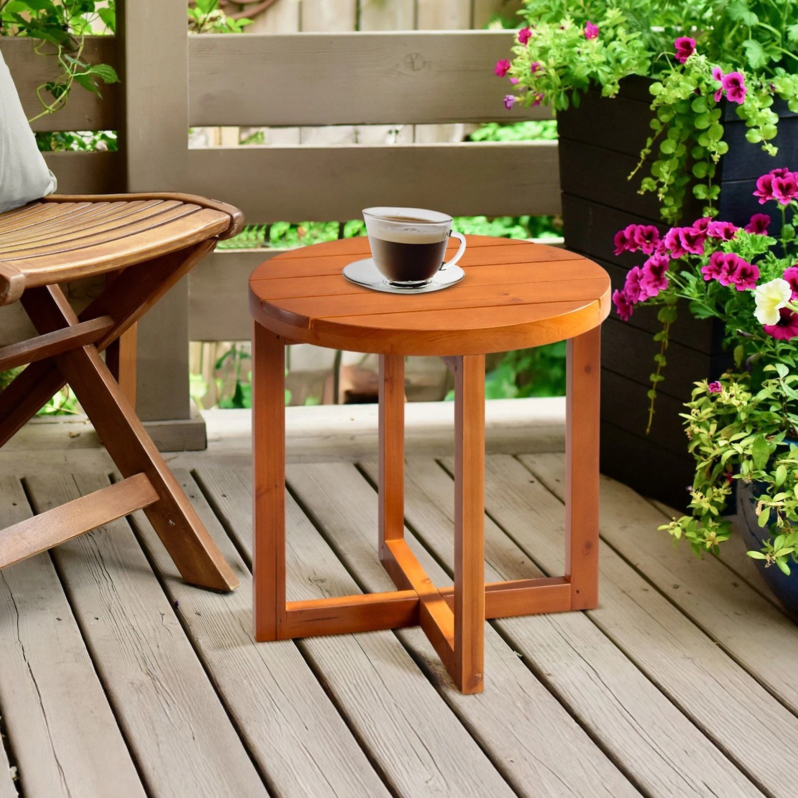 Elegant Wooden Round Side Table for Indoor & Outdoor Spaces – Teak Finish, Compact Coffee Table