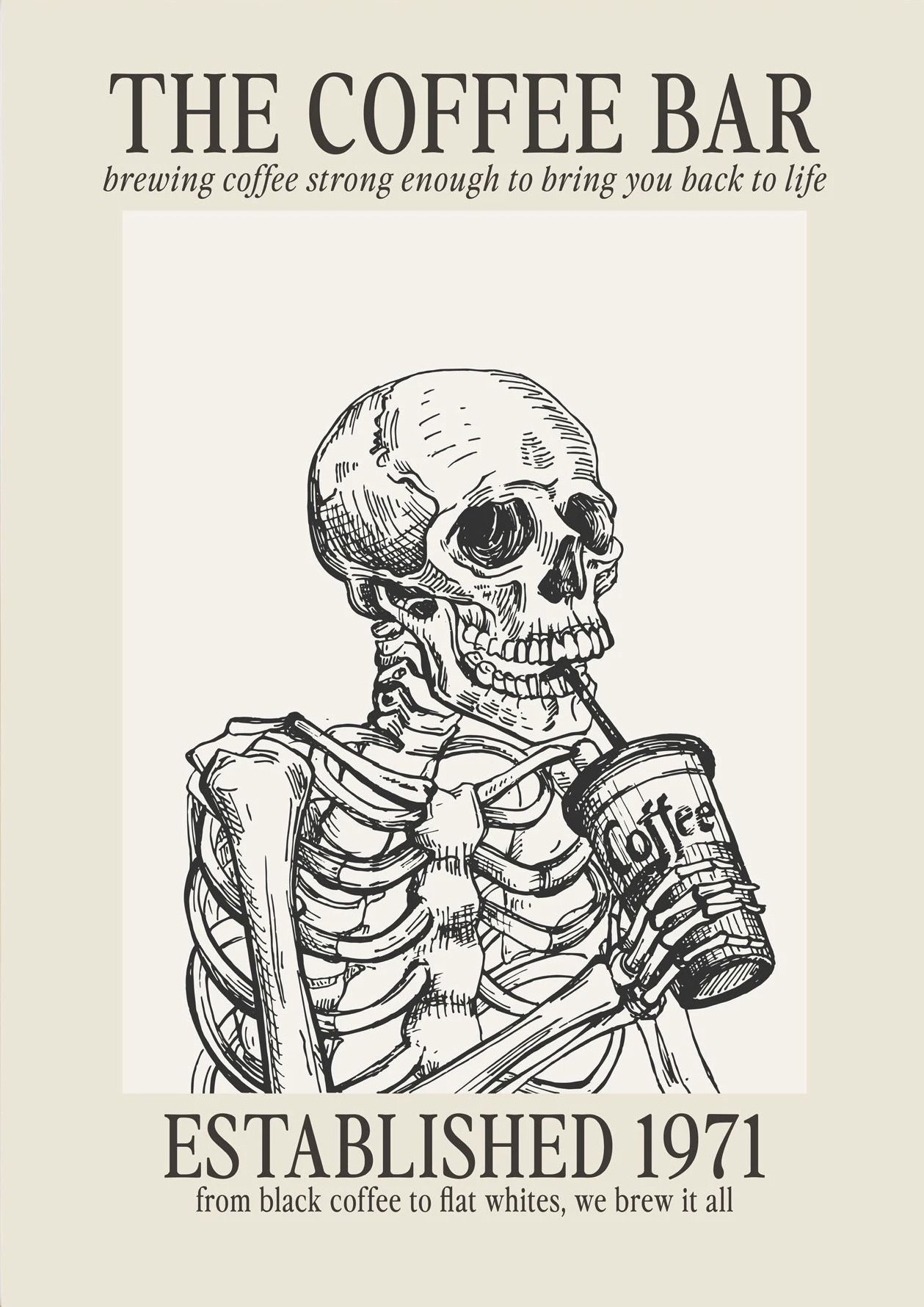 Caffeinated Narrative Canvas – High-Definition Skeleton Line Art Architectural Art