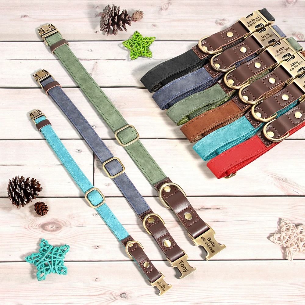 Custom Engraved PU Leather Dog Collar Adjustable ID Buckle