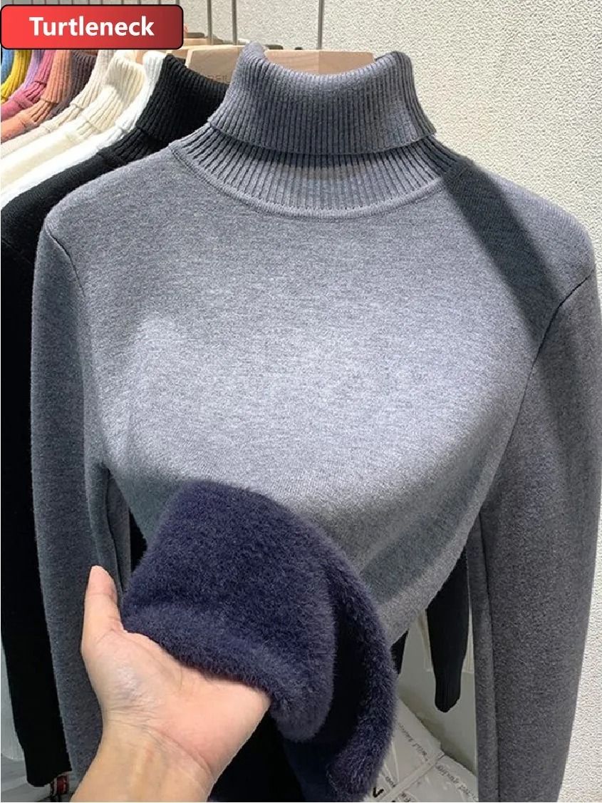 Elegant Thicken Velvet-Lined Turtleneck Sweater – Slim Knit Pullover & Warm Winter Jumper