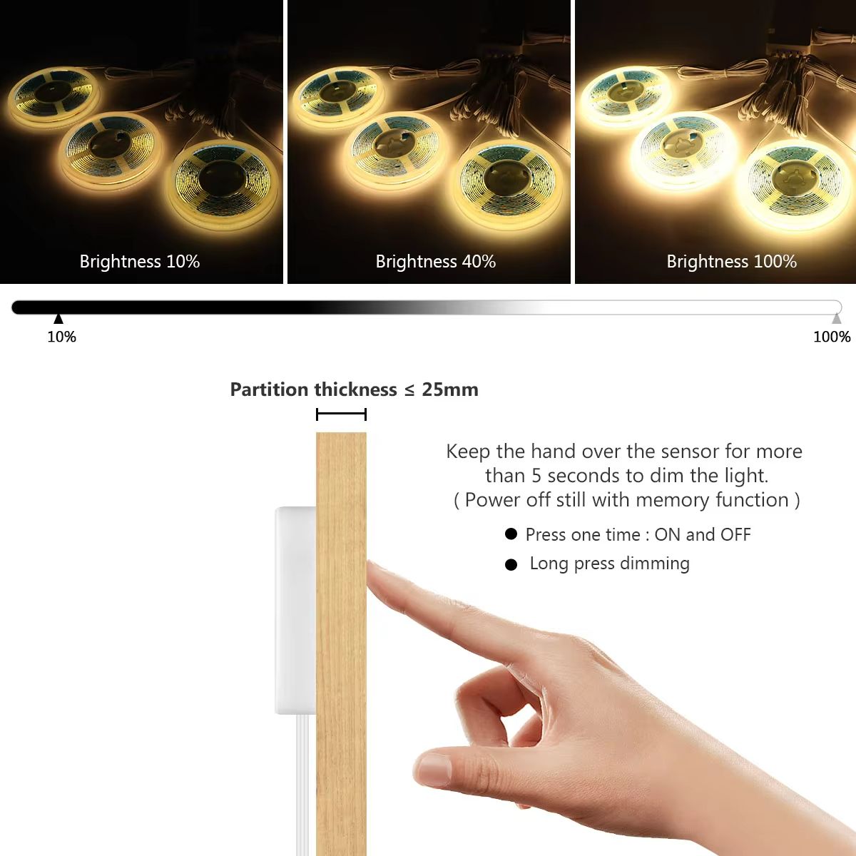 Smart COB LED Strip Light with Touch Sensor – 320 LEDs/m Dimmable Wood Penetrable Lighting for Kitchen & Home Decor