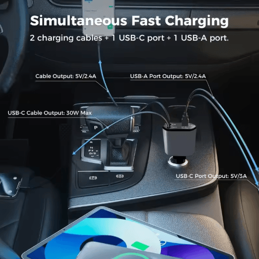 4-in-1 120W Retractable USB-C Car Charger Adapter with Fast Charging Cables