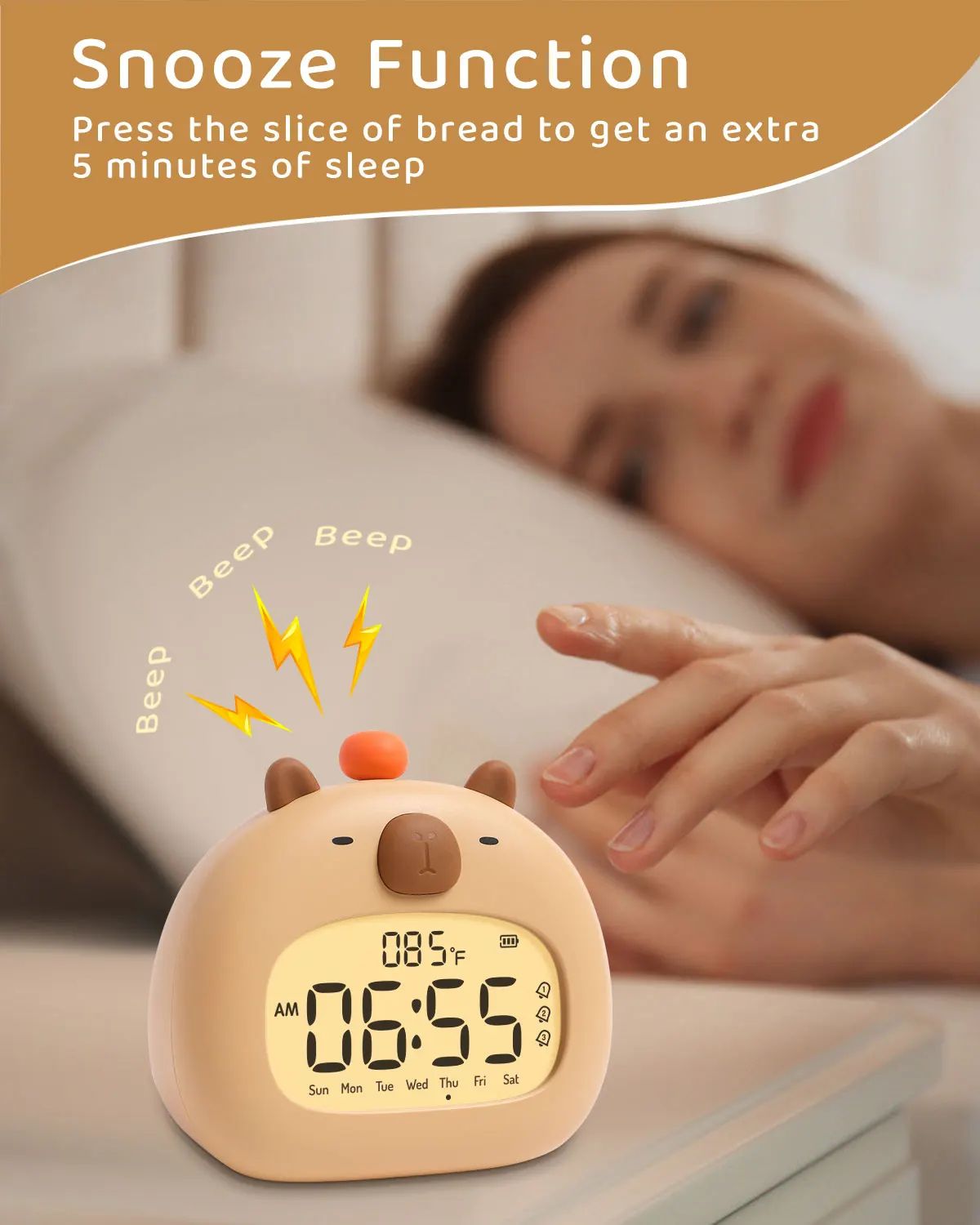 Cute Capybara Alarm Clock with Night Light & Timer – Kids Bedroom Multifunction Clock