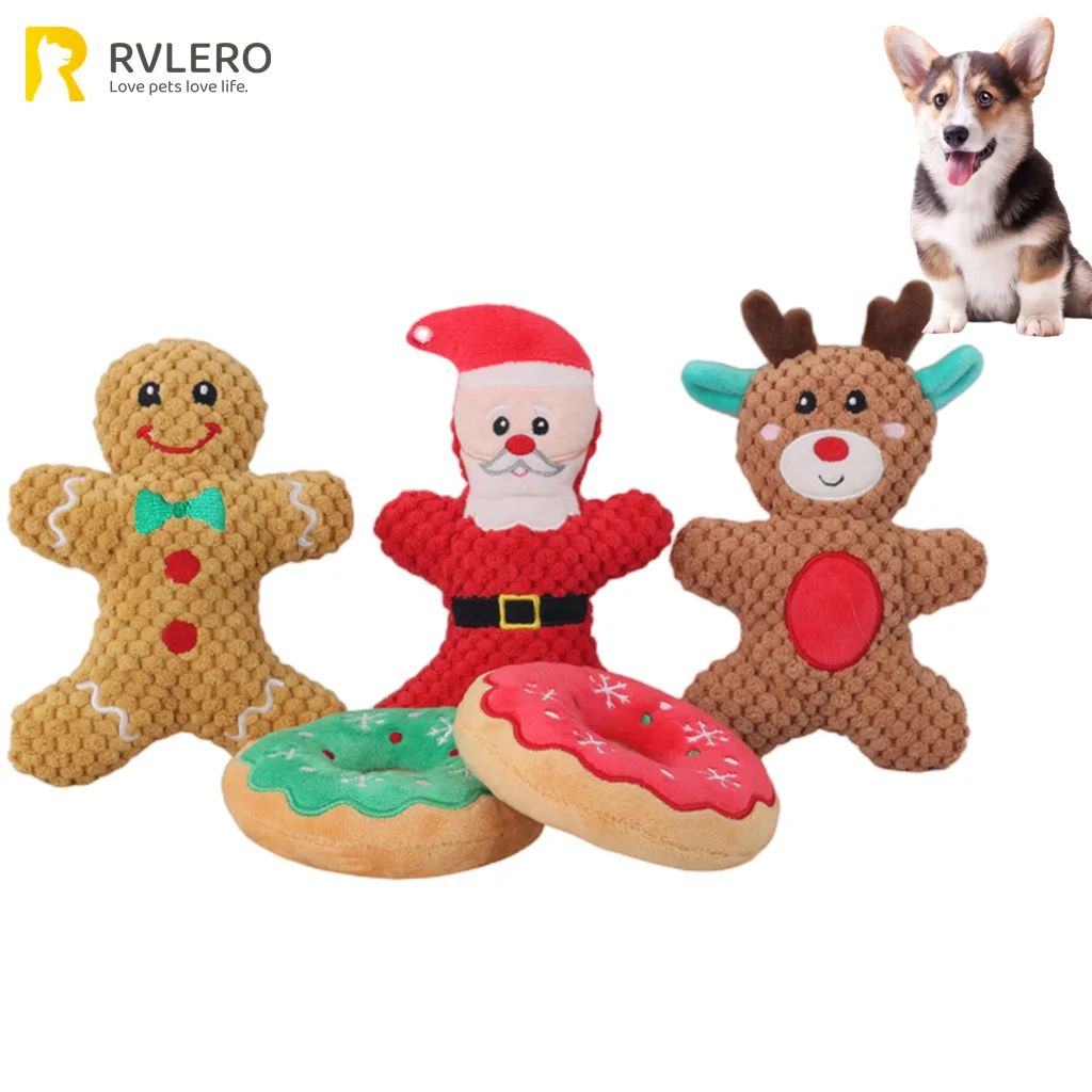 Christmas Plush Squeaky Dog Toy – Santa, Elk & Gingerbread Chew Toy for Dogs & Cats
