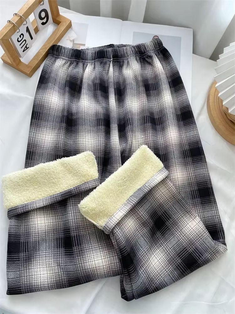 Women's Plush Wide Leg Plaid Pants Warm Cashmere Style Loose Winter Trousers
