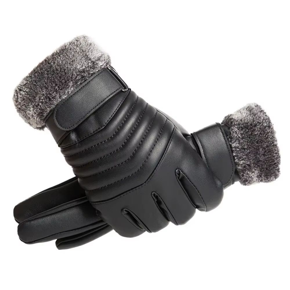 Mens Plush Insulated PU Leather Touchscreen Winter Cycling Gloves