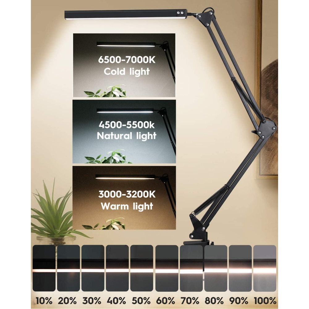 Eye-Caring Dimmable Desk Light, LED Desk Lamp with Clamp Swing Arm, Brightness Levels, USB Charging Modes