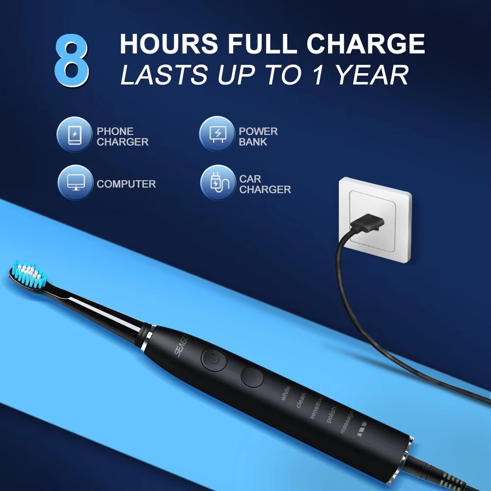 Seago Sonic Electric Toothbrush – USB Rechargeable with 360-Day Battery & Travel Case