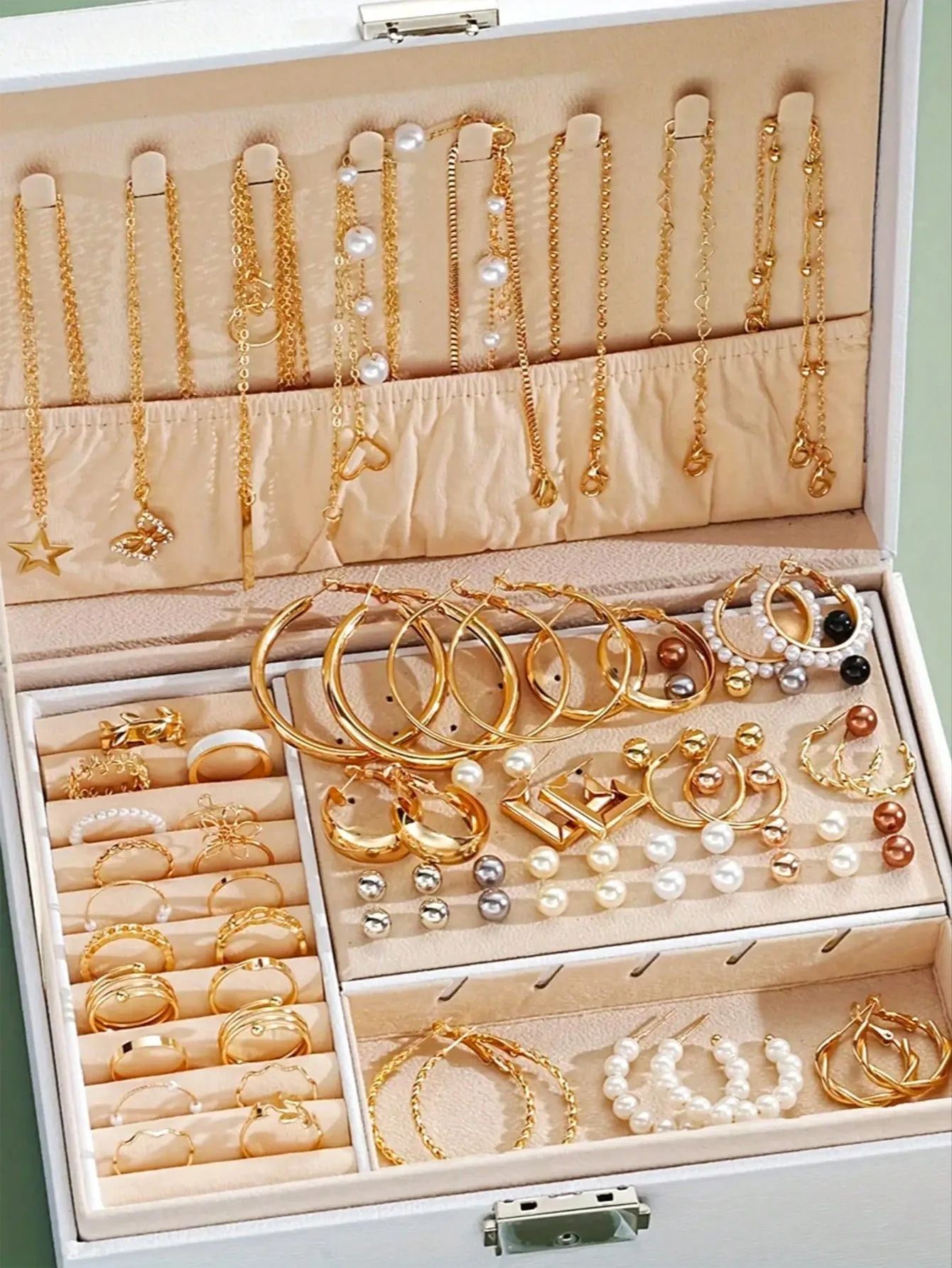 86-Piece Elegant Pearl Jewelry Set – Multi-Layer Necklace, Earrings, Rings & Stud Collection