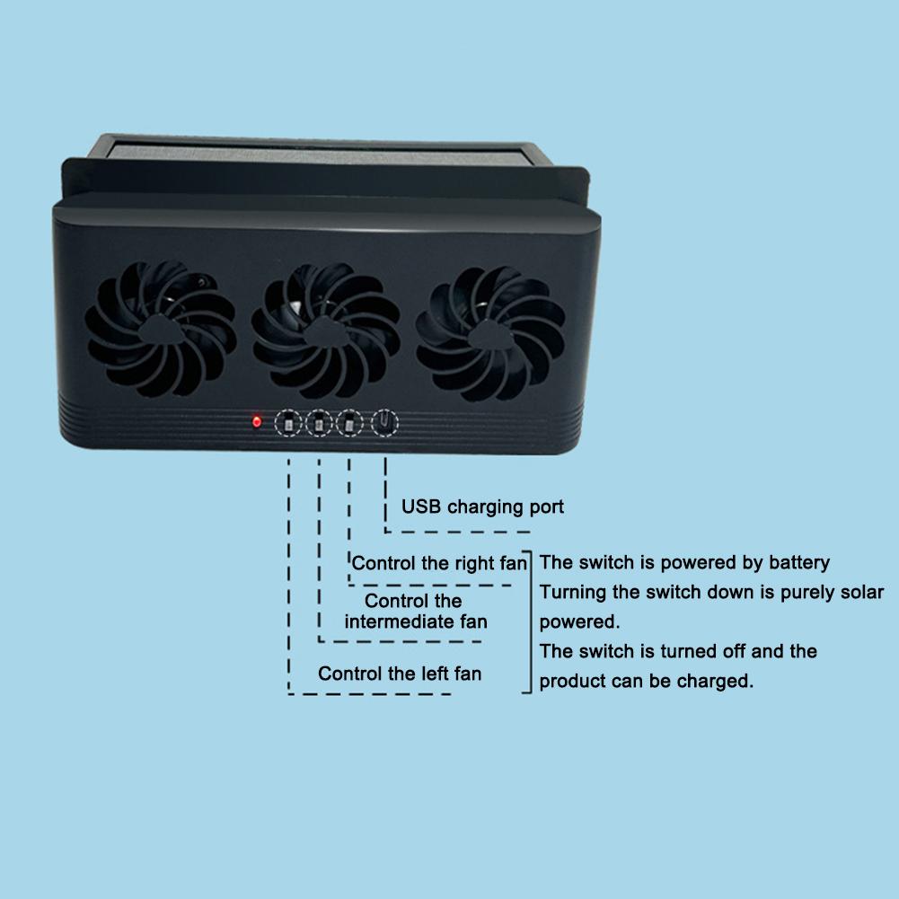 High Wind Power Solar Car Fan, Air Circulation Cooling, 3 Head Ventilation, USB Rechargeable Exhaust Fan
