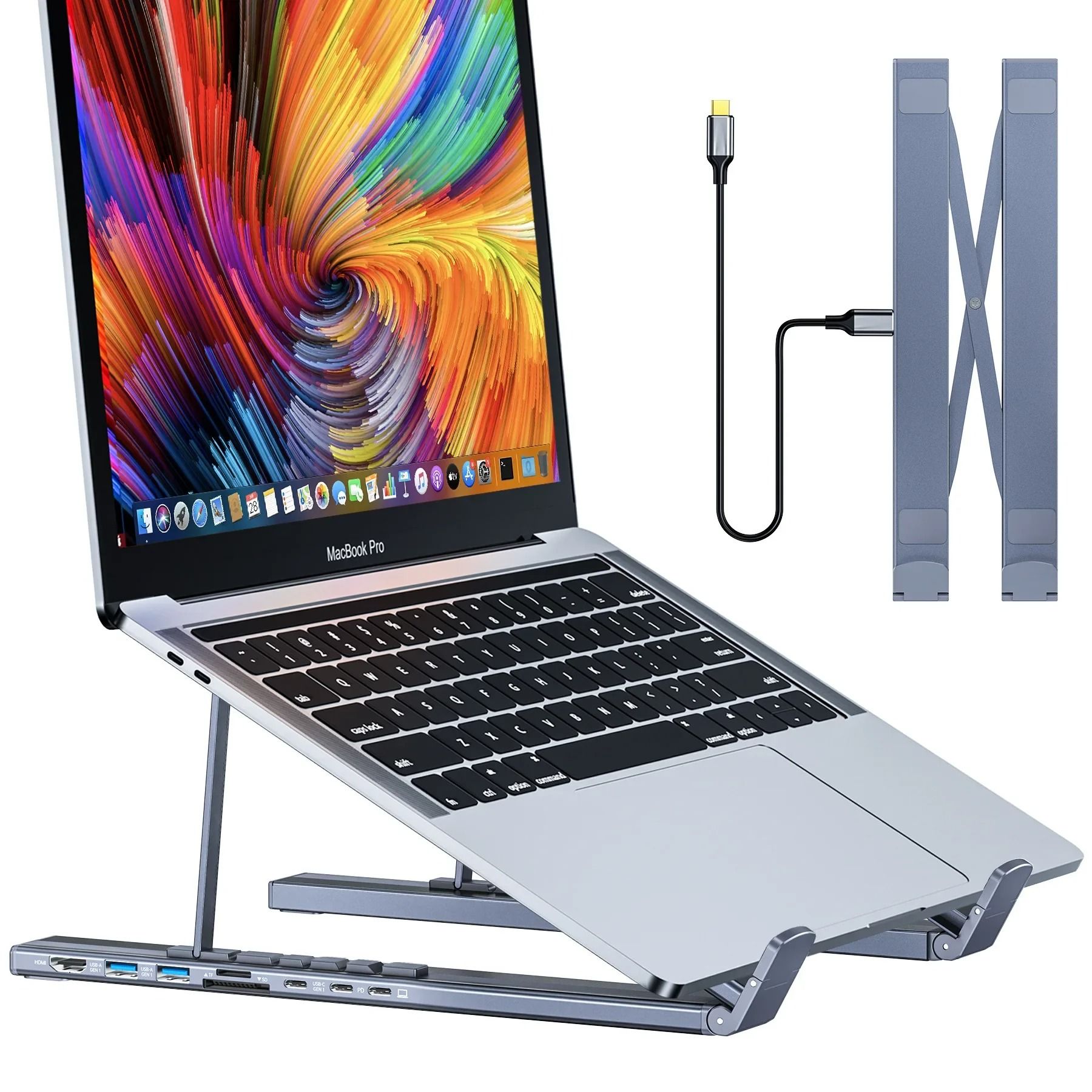 Universal Laptop Stand with Integrated USB-C Hub | HDMI 4K, SD/TF Reader & PD Charging