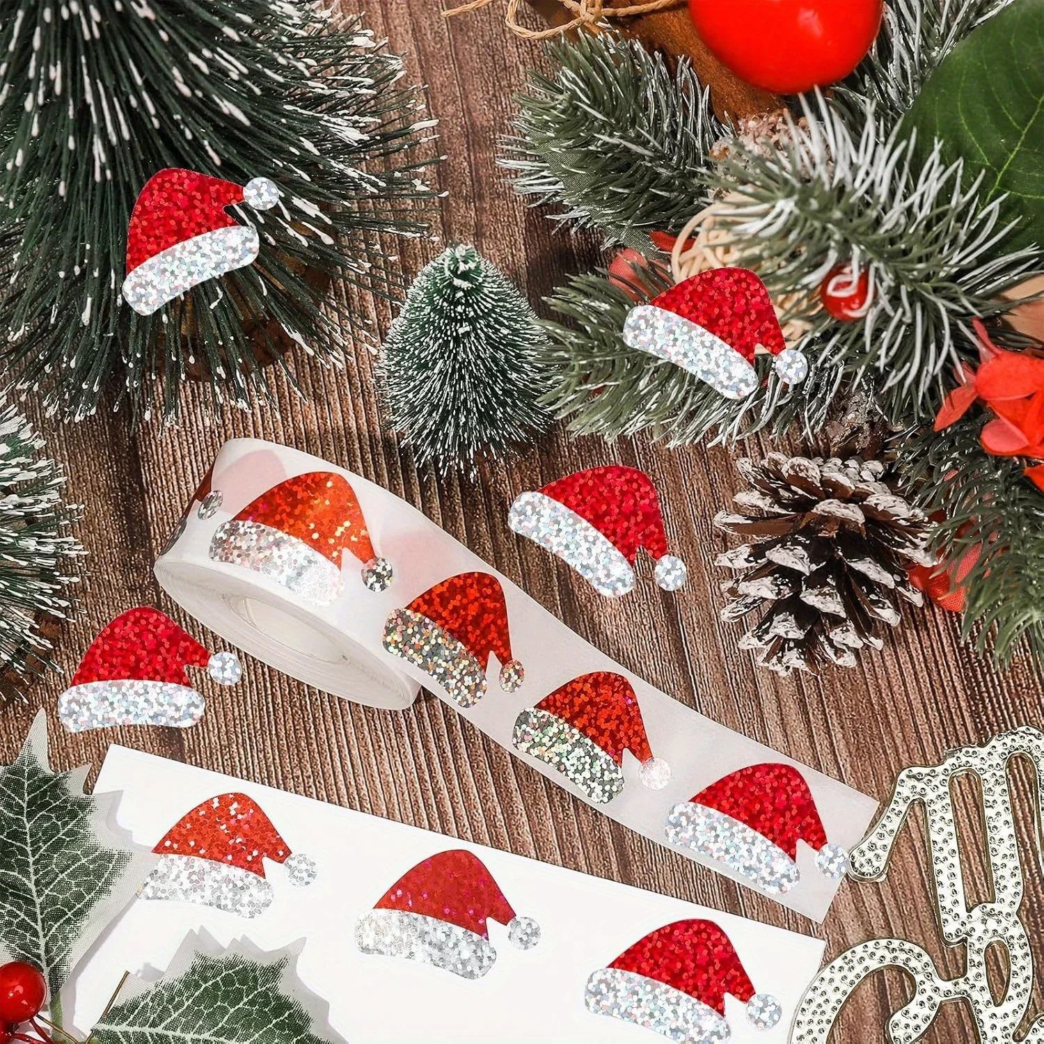 Laser Santa Hat Christmas Sticker Roll 500pcs