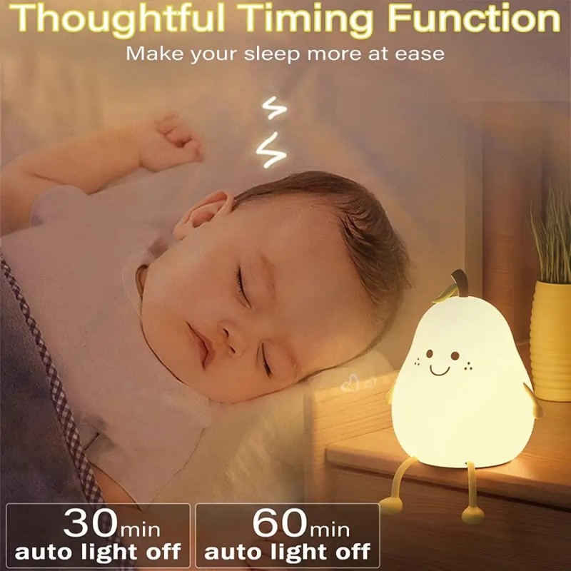 Cute LED Pear Night Light USB Rechargeable Touch Silicone Table Lamp Bedroom Decoration Gift for Couples