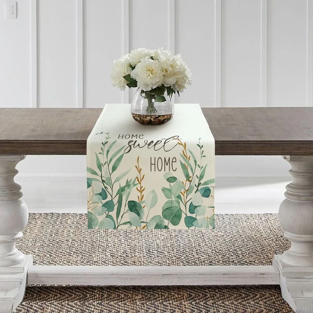 Spring Green Eucalyptus Leaf Table Runner | Modern Botanical Welcome Ink Decor