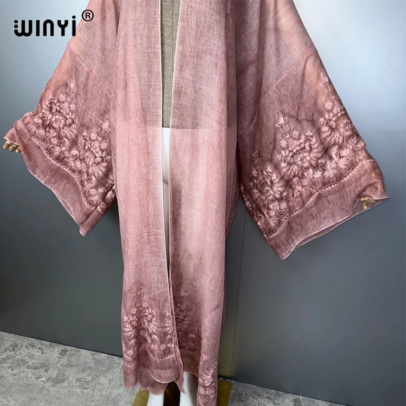 Hand-Dyed Embroidered Beach Kimono Maxi Cover Up