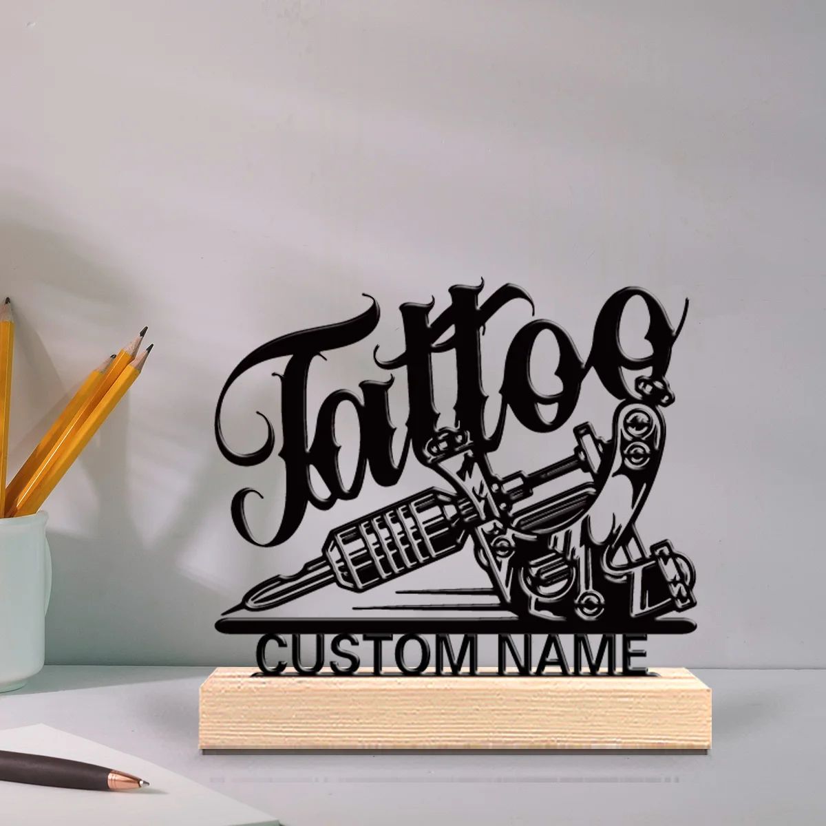 Custom Metal Tattoo Artist Figurine with Engraved Wooden Base