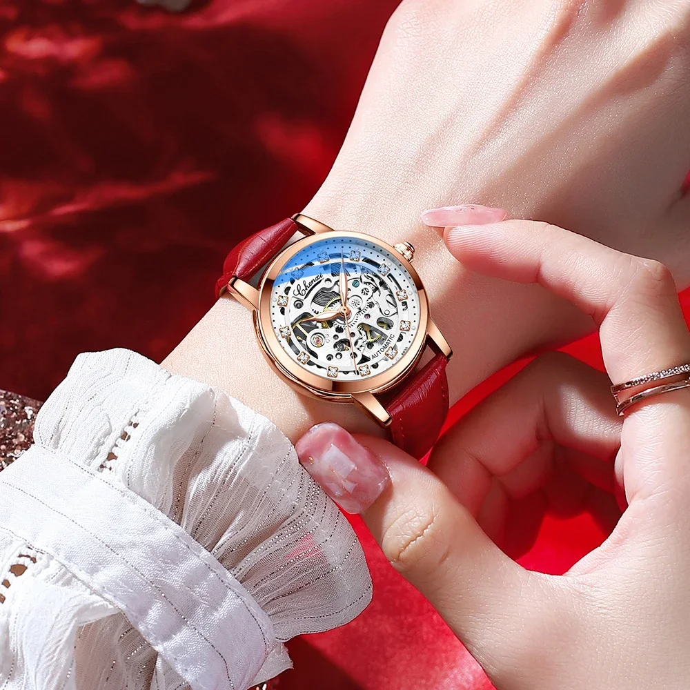 Luxury Women Automatic Mechanical Watch, Waterproof Stainless Steel, Ladies Skeleton Wrist Watch