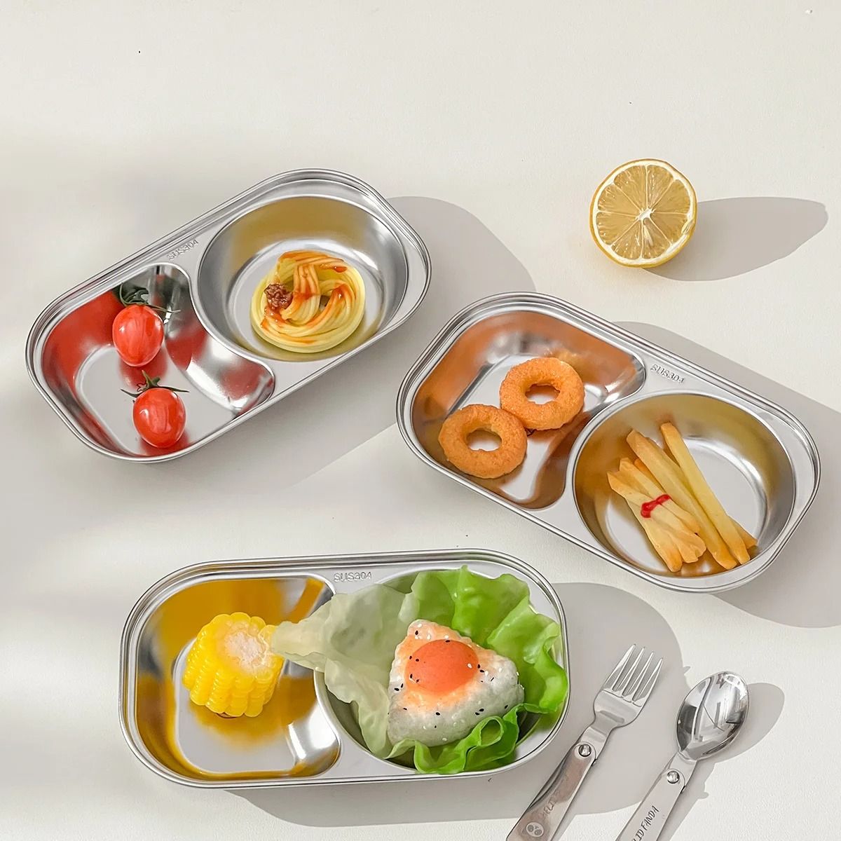 Stainless Steel Divided Salad Plate Stackable Kids Snack Dessert Plate