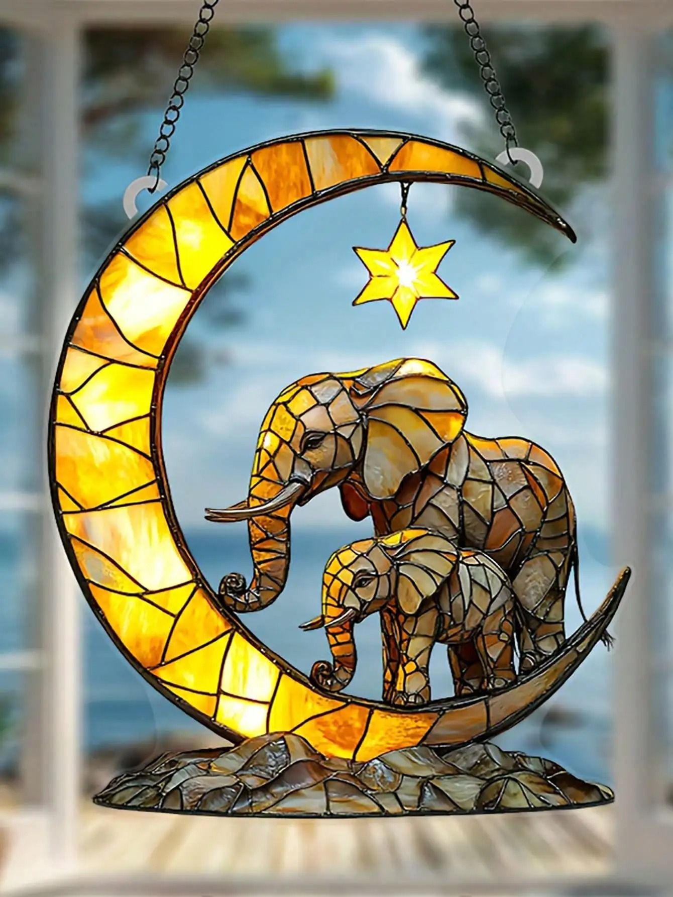 Elephant Family & Crescent Moon Suncatcher | Stained-Glass Style Window Pendant & Garden Accent