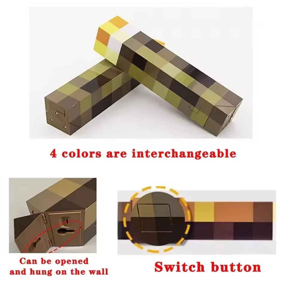 Game Brownstone Torch LED Night Light Figure, 4 Color Bedroom Decor Lamp, USB Rechargeable Kids Gift with Buckle Clip