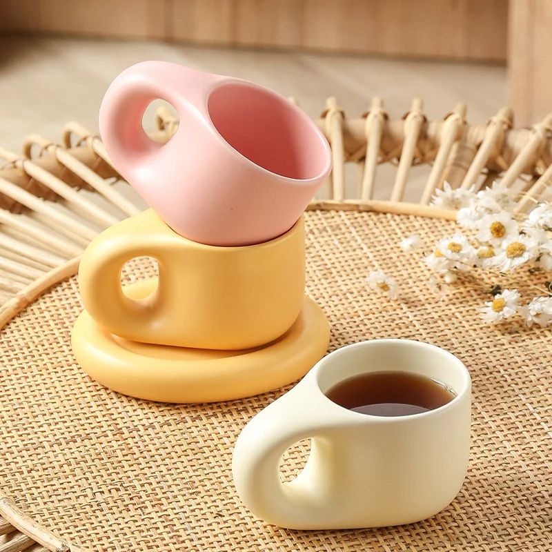400ml Fat Handmade Chubby Mug with Oval Plate Creative Nordic Ceramic Cup & Saucer Set for Coffee, Tea, Milk, Cake