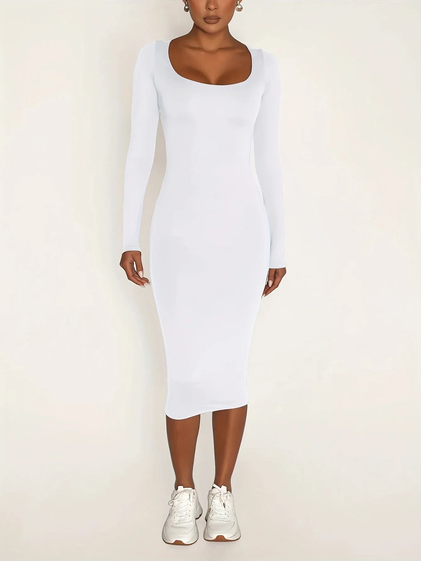 Women's Long Sleeve U-Neck Party Bodycon Midi Jumper Dress Stretch Winter Wrap