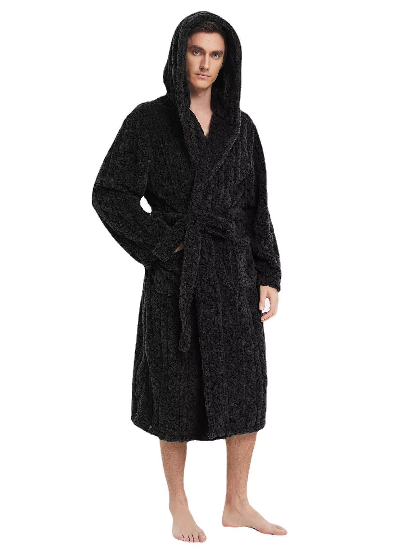 Men's Hooded Thickened Velvet Jacquard Warm Homewear Robe