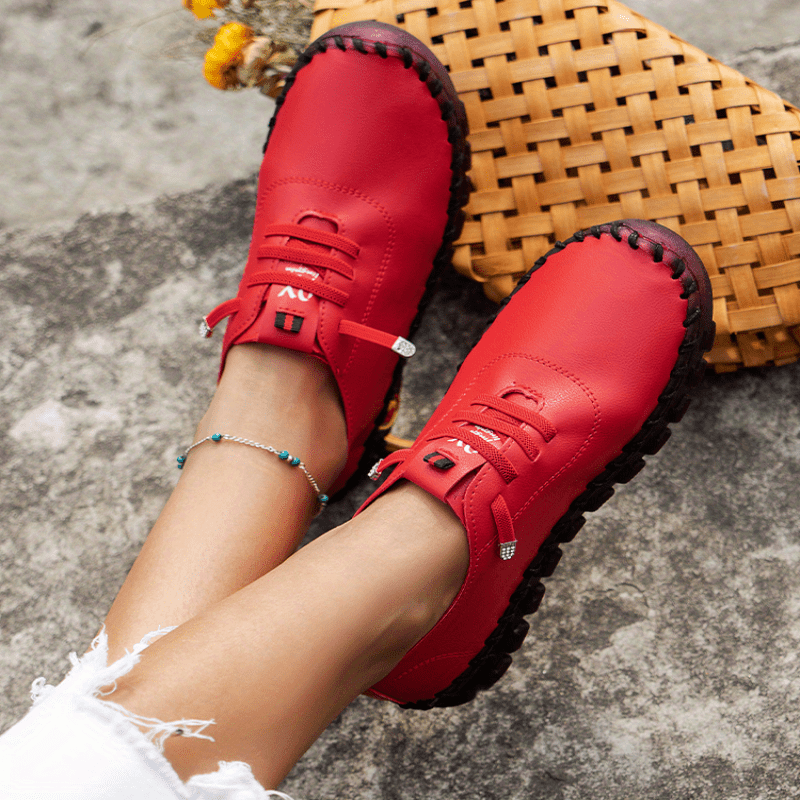 Women's Handmade Flat Sneakers - Solid Color Lace Up Round Toe Faux Leather Shoes - Casual Walking Shoes