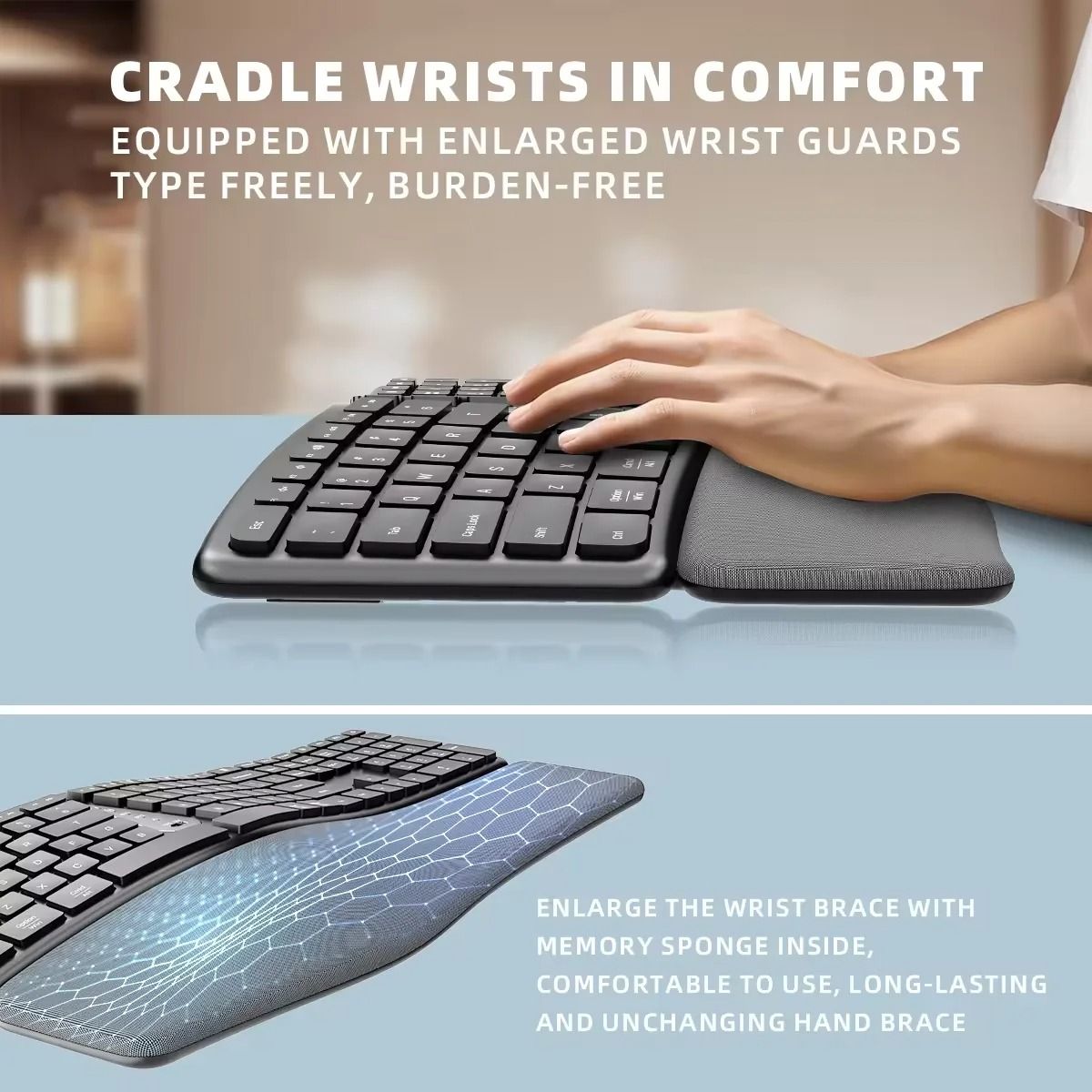 Ergonomic Wireless Keyboard with Palm Rest Multi Device Bluetooth Rechargeable
