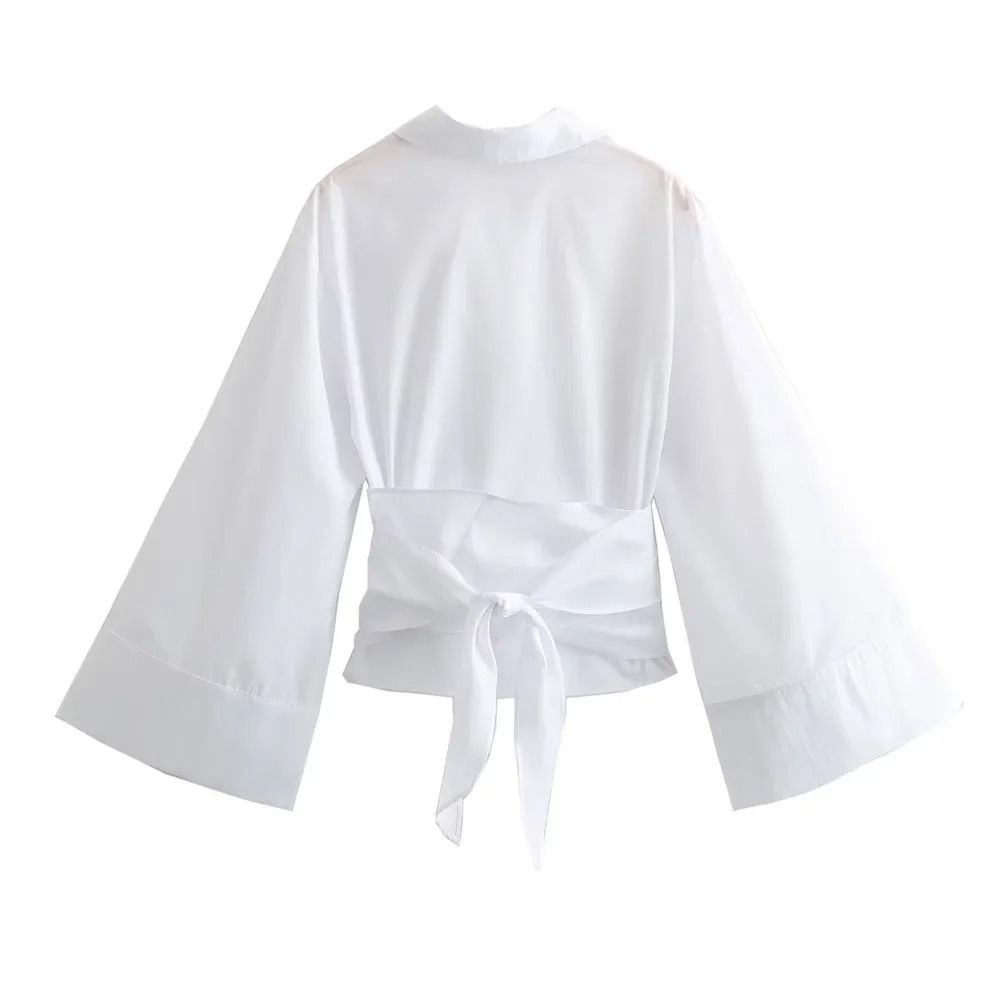Womens Bow Tie Blouse Double Breasted Polo Collar Shirt Cropped Poplin Top