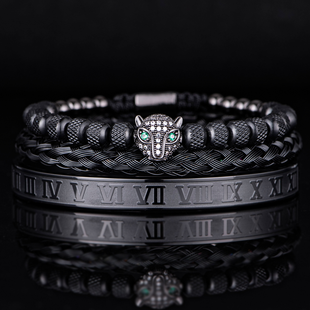 Handmade Braiding Bracelet Set, Hip Hop Men's CZ Leopard Head & Roman Numeral Stainless Steel Jewelry