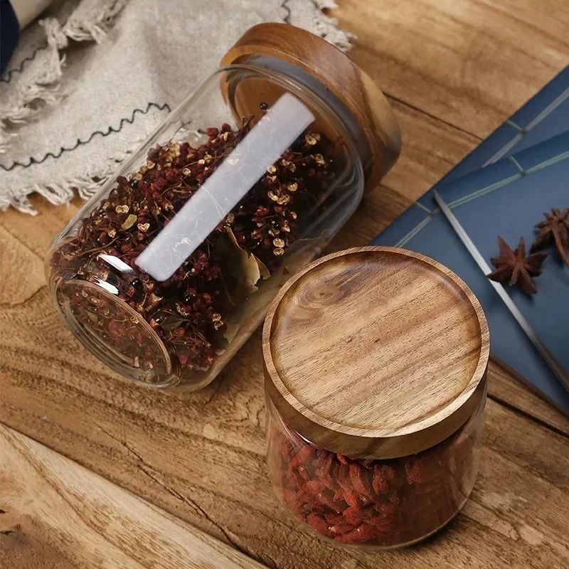 Glass Airtight Storage Jar with Wood Lid for Kitchen and Food Organization