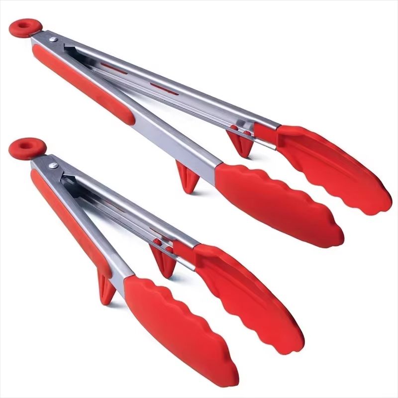 LMETJMA Stainless Steel Cooking Tongs with Silicone Tips and Stand Design