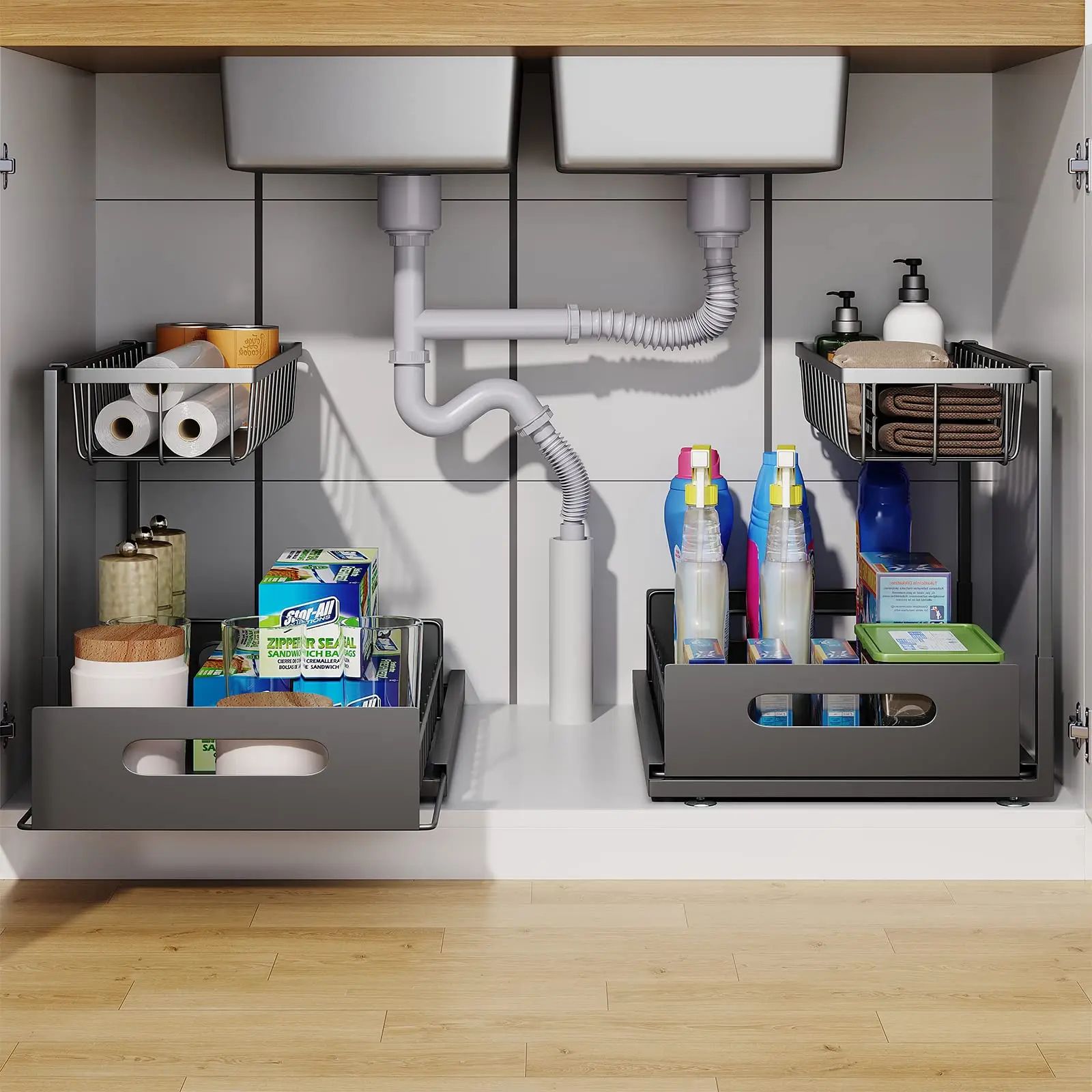 Under Sink 2 Tier Sliding Organizer Pull Out Drawer