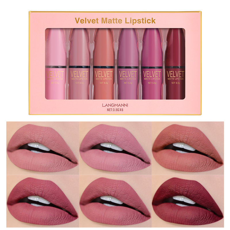 Matte Lipstick Set with Matte Finish, Waterproof, Not Easy to Stick to Cups, 6-Color Gift Box Lipstick Collection