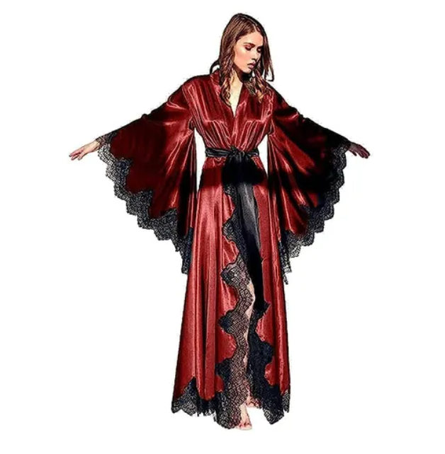 Black Silk Satin Women Robes Sleepwear, Kimono Pajamas, Lace Trim Wedding Dress, Long Pure Silk Bride Gown